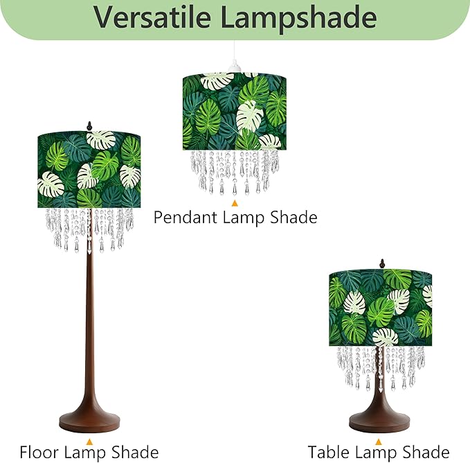 Green Leaf Tropical Leaf Lamp Shade with Acrylic Bead Droplets, Drum Fabric Light Shade for Ceiling Pendant Table or Floor Lamps, Botanical Nature Home Decor, 11.8in