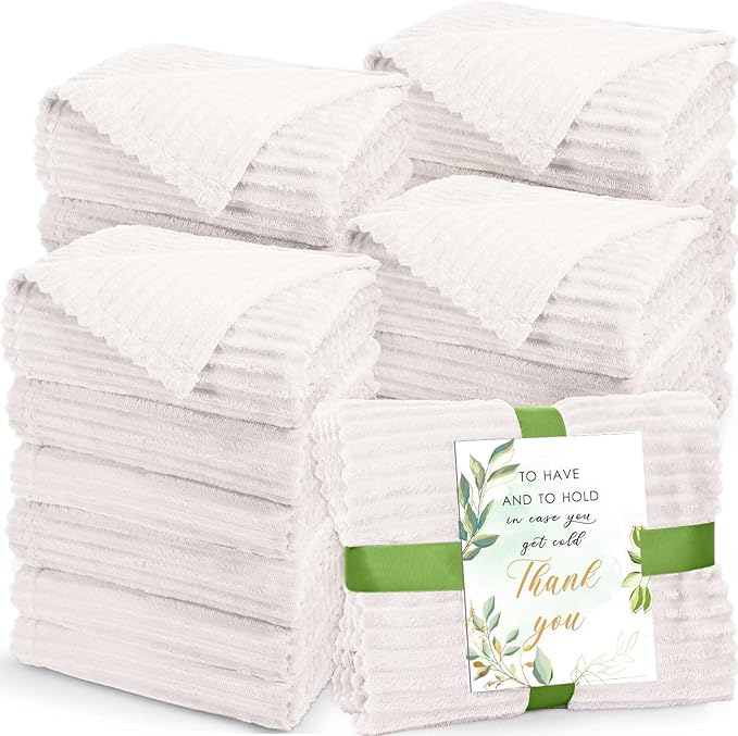 Buryeah 24 Pcs Wedding Flannel Fleece Throw Blanket Bulk with Thank You Card and Ribbon, 50 x 60 in Oeko-TEX Standard 100 Certified Blankets Outdoor Wedding, Guest Party Souvenirs (Cream White)
