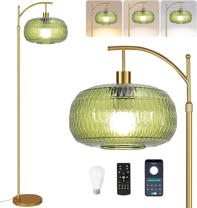 Glass Floor Lamp for Living Room,Bedroom,Gold Dimmable Standing Lamp with Remote,Green Mid Century Modern Brass Vintage Tall Lamp Floor Lamps Arc Boho Floor Light Lamp Bohemian
