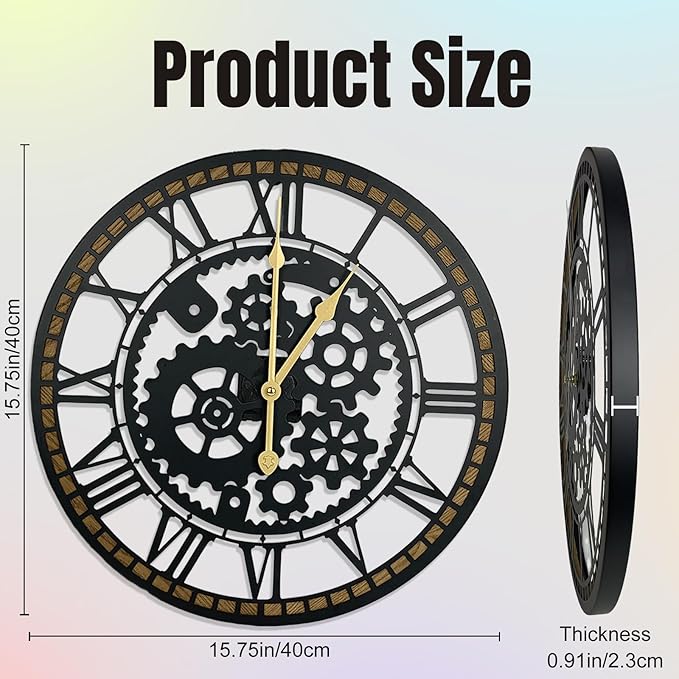16 Inch Wall Clock, Gear Clock, Silent Non Ticking, Battery Operated Large Wall Clocks for Living Room Decor, Kitchen, Office (Vintage Industrial Steampunk)