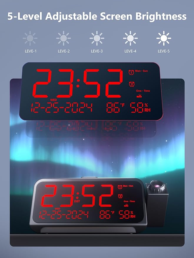 Projection Alarm Clock for Bedroom,Digital Clock with 350° Rotatable Projector,5-Level Dimmer,Dual Alarm with Weekday/Weekend Mode,Adjustable Volume,Temp,Humidity,Calendar,Snooze,12/24H,Night Light