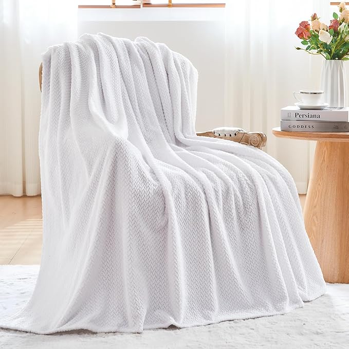 NEWCOSPLAY Super Soft Throw Blanket White Premium Silky Flannel Fleece Leaves Pattern Lightweight Bed Blanket All Season Use (White, Throw(50"x60"))
