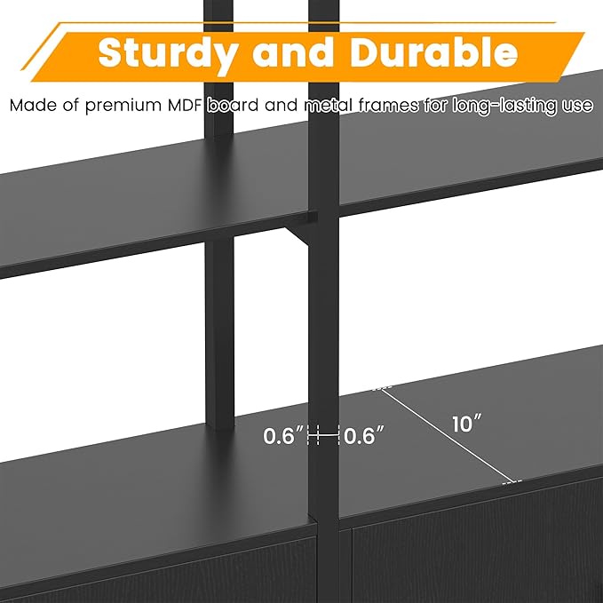 Semoic 85.8" Tall Arched Bookshelf with Door, 5-Tier Etagere Bookcase with Storage Cabinet Shelf, Triple Wide Industrial Bookshelf, Free Standing Display Shelf for Living Room Home Office, Black