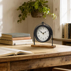 Vintage Small Table Clock, Black Metal Farmhouse Table Clock with Wooden Base, Silent Non-Ticking Battery Operated Desk and Shelf Clocks for Living Room, Kitchen, Bedroom Decor