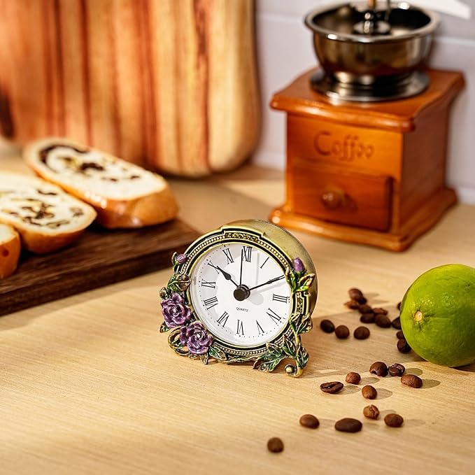 Mini Tabletop Clock, Decorative Vintage Floral Metal Table Clock with Battery Operated for Bedside, Table, Living Room, Home and Office