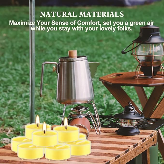 4-Hour 100Pack Yellow Tealight Candles, Outdoor and Indoor Summer Scented Candle,Natural Soy Wax Candle for Home Patio Garden Yard Balcony,BBQ Birthday Emergency