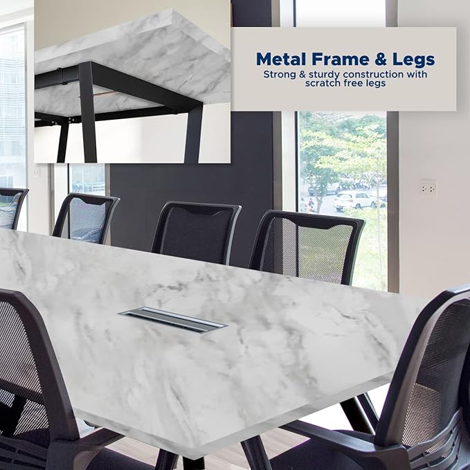 Sturdy Conference Table with Cable Management Grommets Modern Rectangle Office Meeting Table with Wood Tabletop and Metal Frame & Legs- Easy Assembly Boardroom Table (White Marble, 8 Foot)