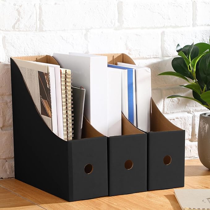 Thenshop 24 Pcs Cardboard Magazine File Holders Magazine Book Bin Box with Label Sticker Paper Organizer Storage Folder for Desk Shelves School Classroom Office Supplies(Classic,Black)
