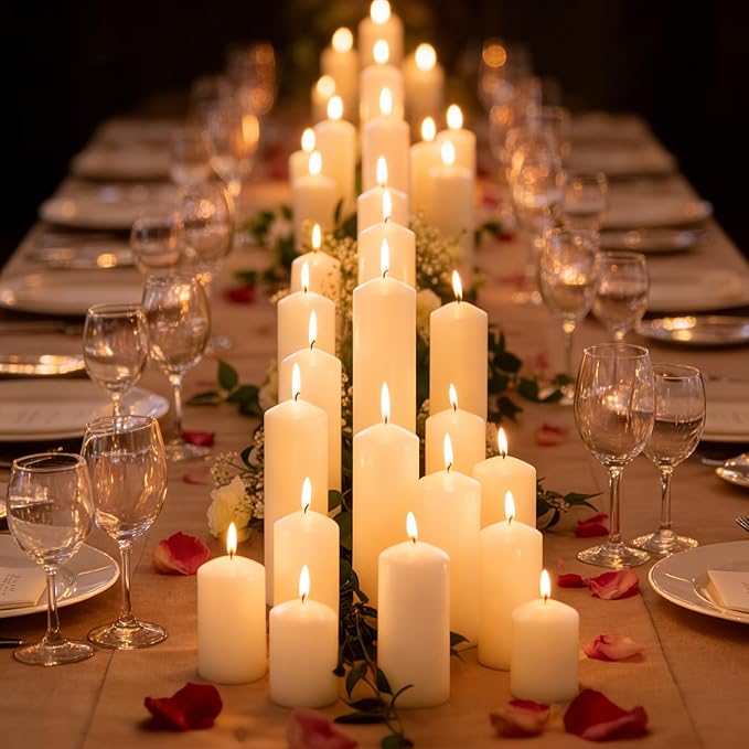 Ivory Pillar Candles Bulk Set of 18，3 Different Lengths 2 x 3/6/8 Inch (6 Each)，Hurricane Candles，Dripless Unscented Smokeless，Gives You a Better Atmosphere When Organizing an Event Party.