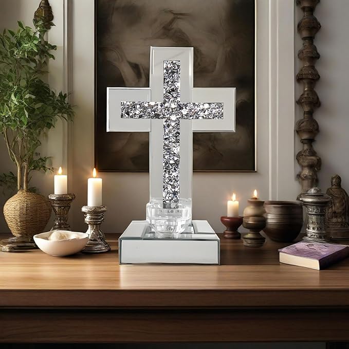 GIMORRTO Mirrored Cross Wall Decor, Crushed Diamond Crystal Glass, Religious Wall Art (Small tabletop with candle holder)