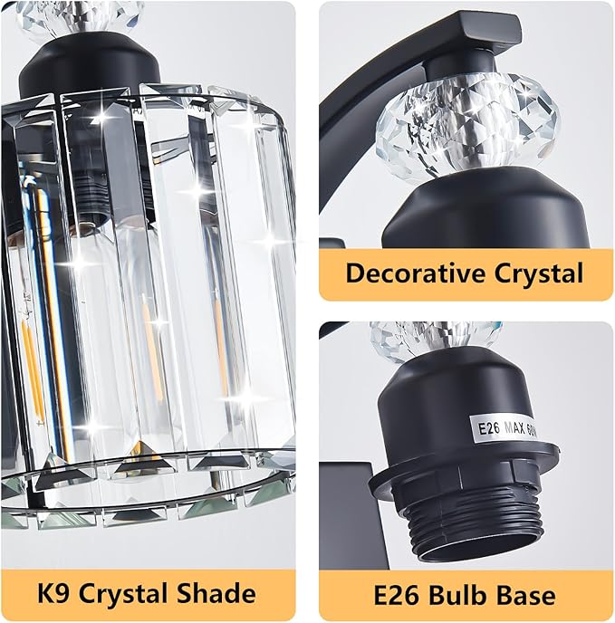 6-Light Black Bathroom Light Fixture Modern Vanity Lights Over Mirror Vintage Wall Sconce Lighting for Bathroom, Bedroom, Living Room, Hallway E26 Base with Crystal Bathroom Vanity Light