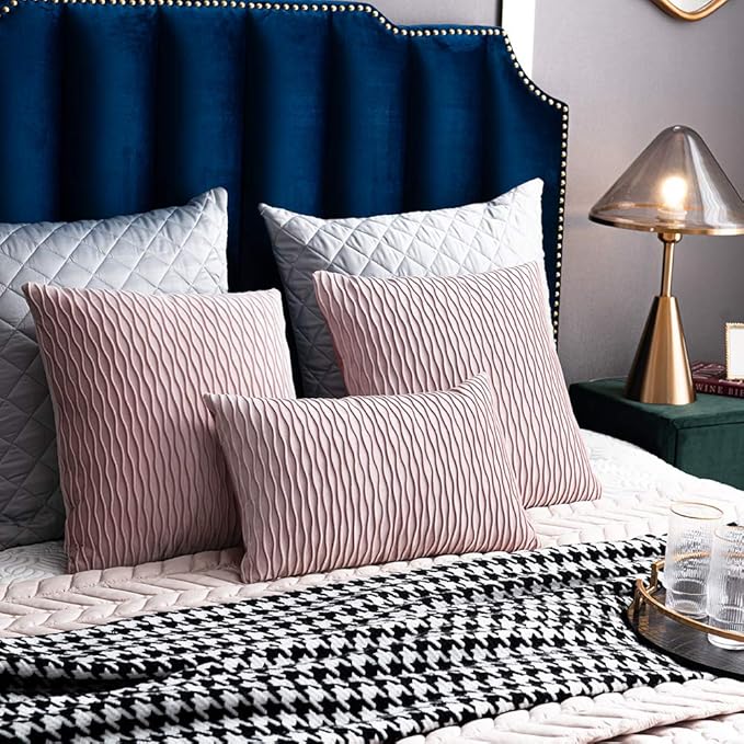 12x20 Pink Throw Pillow Covers: 2 Pack Original Striped Velvet Rectangular Decorative Pillow Cases for Farmhouse Couch