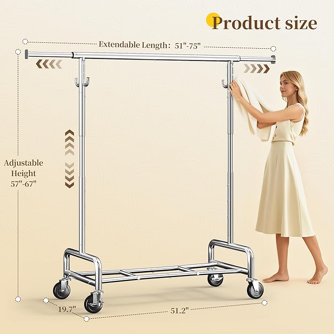 Raybee 75" W Heavy Duty Clothes Rack, 450 LBS Clothing Rack with Lockable Wheels, Sturdy Clothing Racks for Hanging Clothes, Extendable Garment Rack for Bedroom, Laundry Room, Commercial