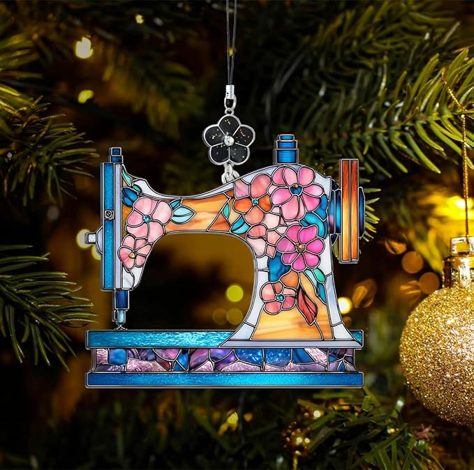 Sewing Machine Stained Glass Style Ornament, Acrylic Window Hanging Suncatcher Decoration, Colorful Vintage Sewing Machine with Floral Decor for Christmas Tree, Craft Room or Home, Gift for Women Mom
