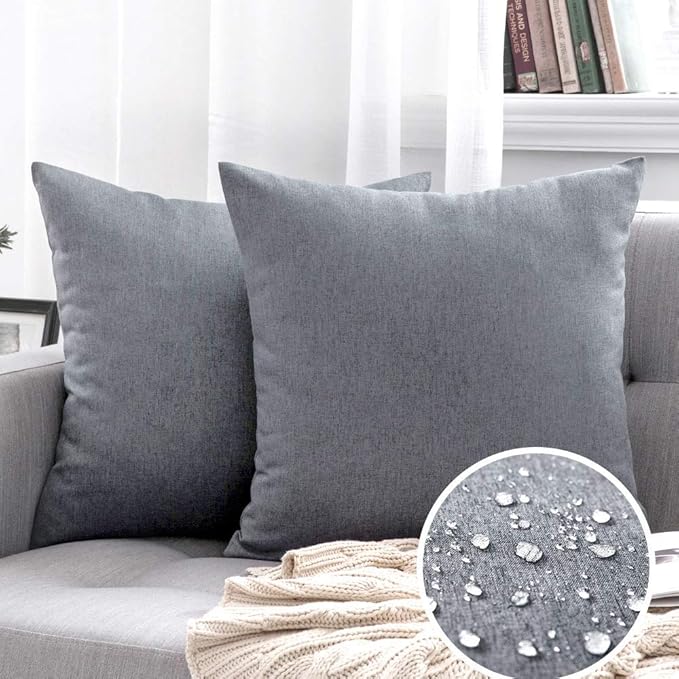 MIULEE Pack of 2 Decorative Outdoor Solid Waterproof Throw Pillow Covers Euro Sham Faux Linen Garden Farmhouse Cushion Cases for Patio Tent Balcony Couch Sofa 26x26 Inch Dark Grey