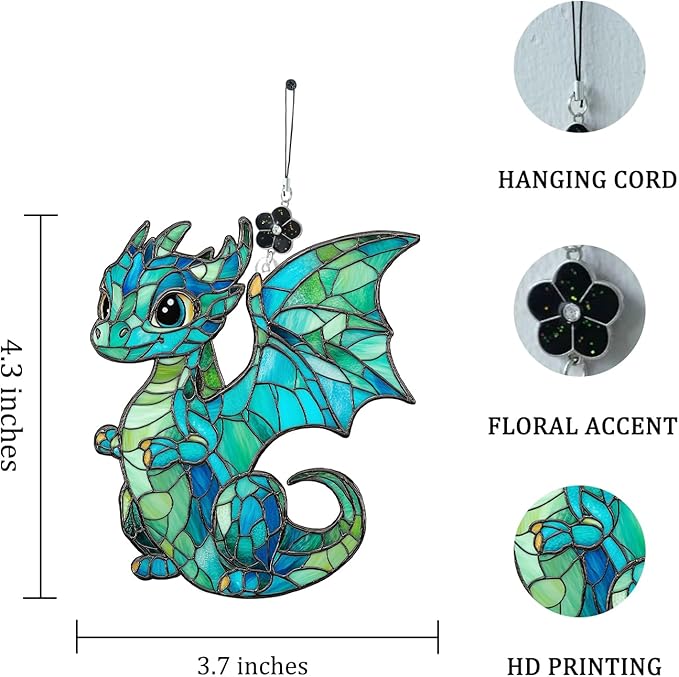 Baby Dragon Stained Glass Style Ornament, Acrylic Window Hanging Suncatcher Decoration, Cute Blue Dragon Fantasy Decor for Christmas Tree, Kids Room or Home, Gift for Women Mom Birthday Holiday