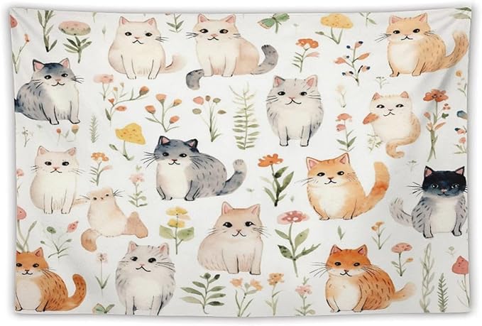 VUMIVI Cute Cat Tapestry Cartoon Pets Flowers Mushrooms Butterflies Watercolor Illustrations Tapestry Wall Hanging for Living Room Bedroom Dorm Classroom Aesthetic Decor W90xL60in