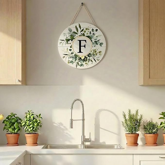 Smile Monogram Letter F Wreaths Wooden Welcome Sign, Family Last Name Initial Front Door Wall Decoration, Floral Spring Summer Porch Rustic Home Kitchen Decor