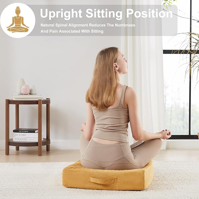 22 inches Floor Pillow for Adults - Large Meditation Cushion with Thick Foam & Soft Tufted Cover - Premium Outdoor Square Floor Cushion Seat - Yoga Pillows for Sitting On Floor - Yellow