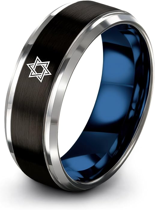 Mezuzah star Of David Ring - Gift for Jewish Family - Flat Dome Bevel - 8mm - Men Women - Yellow Gold Black Silver Blue - Anniversary Wedding - Personalized Custom Engraving - Band - Brushed Polished