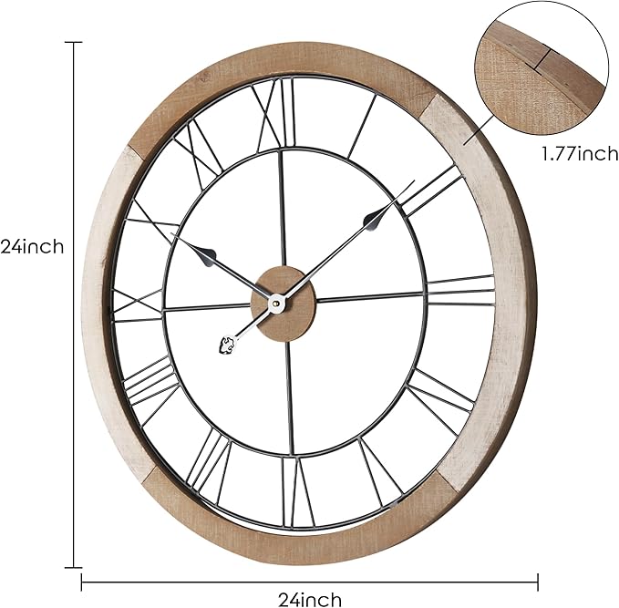 Wall Clock for Living Room Decor, 24'' Big Wall Clocks for Office, Rustic Clock Battery Operated, Distressed White Roman Numeral Clock, Round, Wood Wall Clock