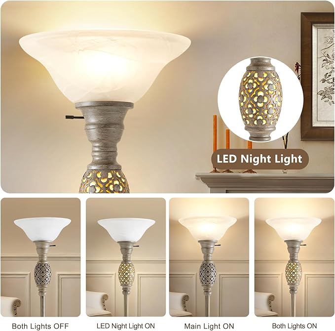 70" Torchiere Floor Lamps with NightLight - Victorian Style Vintage Floor Lamp for Living Room, Bedroom, Office - Retro Floor Lamps with Rotary Switch & Etched Glass Shade, Home Decor, Bulb Included