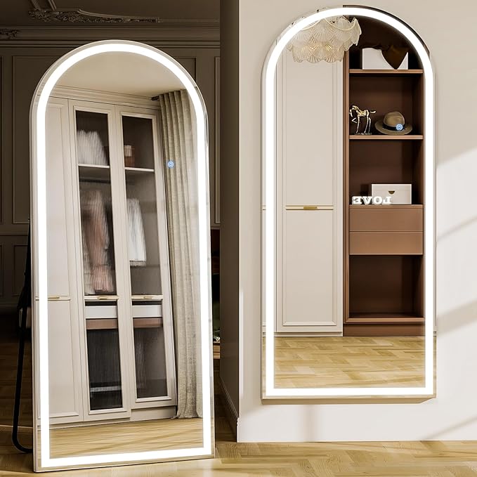 GLSLAND Arched LED Full Length Mirror - 65"x26" Full Body Standing Mirrors with Light for Bedroom/Cloakroom -Dimmable & 3 Color Lighting/Wall Mounted