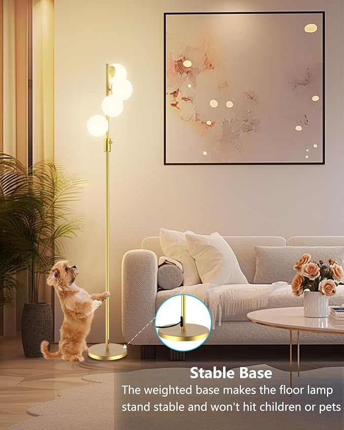 Lightdot 64IN Dimmable Globe Floor Lamp, Gold Standing Lamps with 4PCS 3000K Bulbs Soft Warm White Eye Care, Mid Century Modern Floor Lamp for Living Room/Bedroom/Sofa Beside/Corner Decor