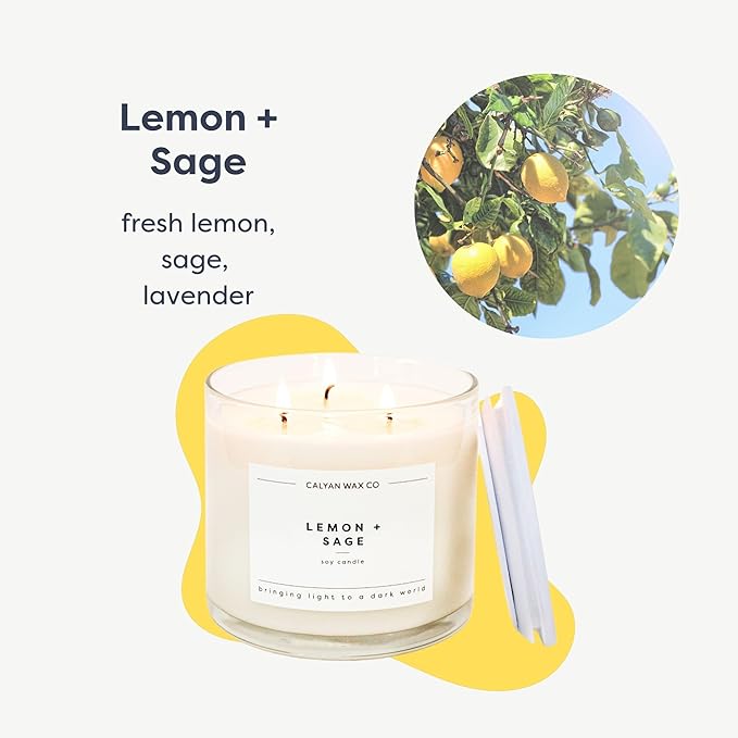Calyan Wax Co. Lemon & Sage 3 Wick Scented Candle - 43 Hour Burn - Luxury 3 Wick Soy Candles - Non Toxic Soy Wax Candles - Long Lasting Large Glass Jar Candle for Home - 14.9oz
