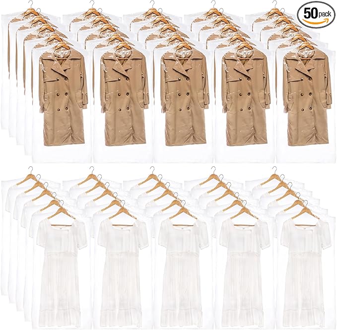 AVLA 50 Pack Plastic Garment Bags, Clear Dry Cleaner Bags, Hanging Clothes Cover Protector Bag for Closet Storage, Transparent Hung Coat Suit Dust Cover, Dry Cleaning Laundrette Bag for Home, Laundry