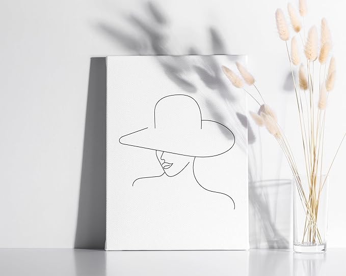 Elegant Woman in Hat Wrapped Canvas Wall Art Minimalist Feminine Profile 12x16 Inch Gallery Stretched Modern Asian Fashion Home Art Decor