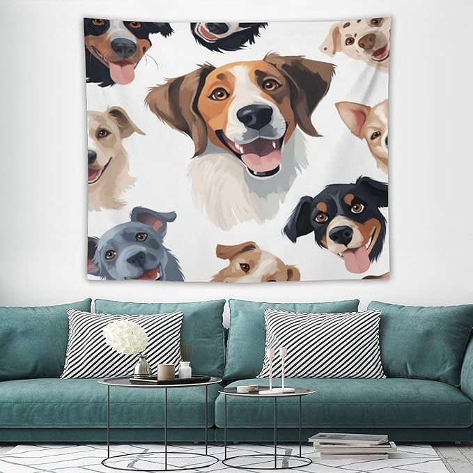 VUMIVI Cartoon Dog Tapestry Black & White Pet Dog Heads Cute Illustration Modern Creative Design Tapestry Wall Hanging for Living Room Bedroom Dorm Classroom Aesthetic Decor W60xL50in