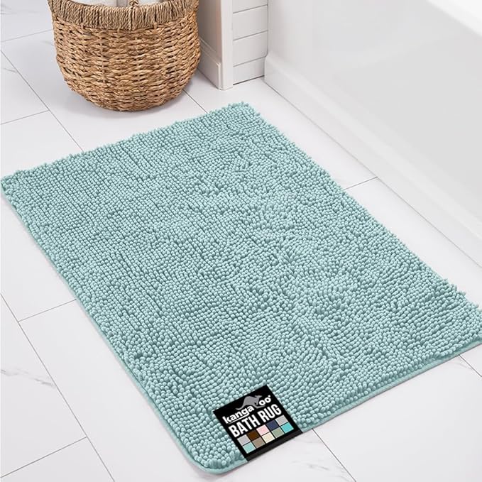 KANGAROO Bathroom Rugs, Chenille Soft Absorbent Bath Rug, Shaggy Shower Mat, Quick Dry Machine Wash Bathmat, Plush Carpet Mats for Tub, Bathtub and Room Home Decor Accessories, 24x17, Seafoam