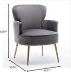 Trendy Velvet Accent Chair with Gold Metal Legs, Upholstered Armchair for Small to Mid-Size Spaces, Modern Living Room, Bedroom, Vanity Desk and Entryway, Grey
