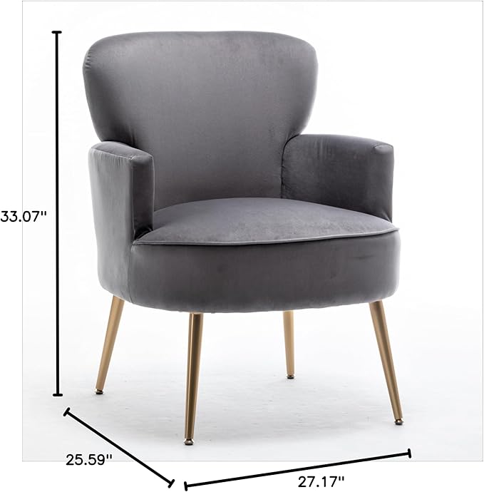 Trendy Velvet Accent Chair with Gold Metal Legs, Upholstered Armchair for Small to Mid-Size Spaces, Modern Living Room, Bedroom, Vanity Desk and Entryway, Grey