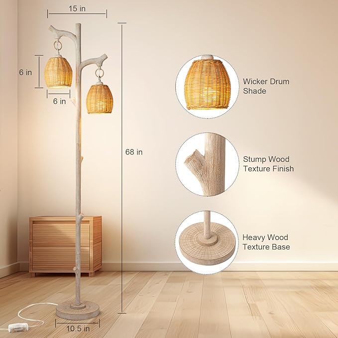 Scenekoy 68" High Farmhouse Rustic Country Cottage Floor Lamp Tree Trunk Faux Wood Column White Washed Wicker Drum Shade Decor for Living Room Bedroom Reading Room
