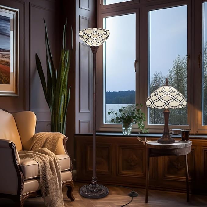 Tiffany Torchiere Floor Lamp,Handcrafted Stained Glass Lamp Shade,Antique Style Standing Corner Light for Living Room and Bedroom