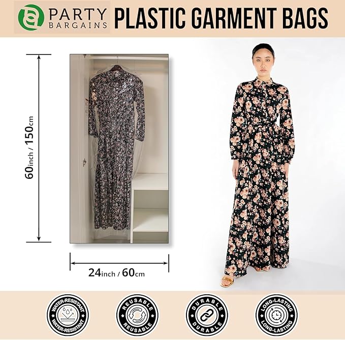 Party Bargains 60x24 Inch Clear Plastic Garment Bags, 100 Pack