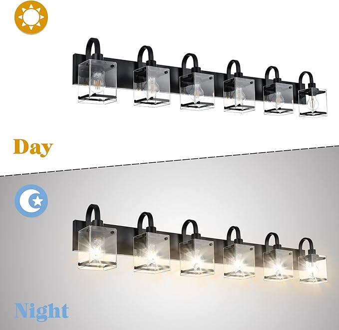 6 Light Bathroom Vanity Lights Fixtures, Black Bathroom Wall Lights Modern Bath Wall Mounted Lights with Clear Glass Shade Wall Light for Mirror Bed Hallway (E26 Base)