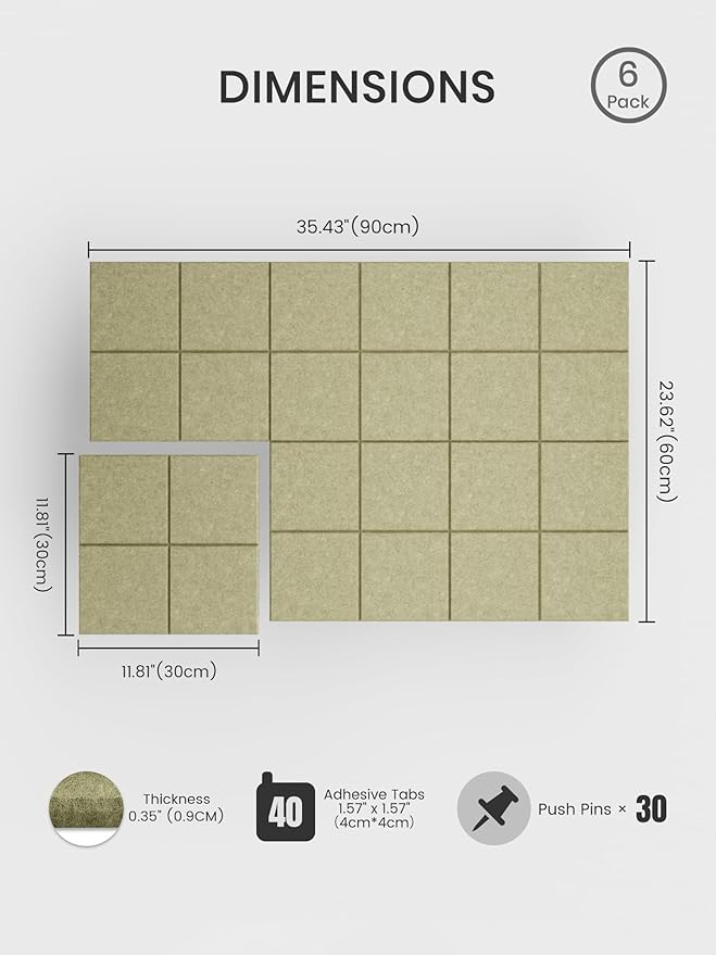 Bumusty Large Felt Bulletin Board, 36" x 24" Cork Board Alternative, 6-Pack Wall Tiles with 4-Compartment Design, 30 Push Pins, 40 Adhesive Tabs, Ideal for Office & Home Decor, Olive Green