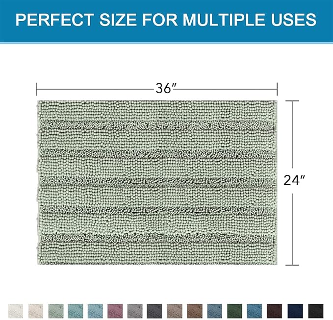 H.VERSAILTEX Bath Mats for Bathroom Non Slip Extra Thick Chenille Striped Bath Rug 24" x 36" Absorbent Non Skid Fluffy Soft Shaggy Rugs Washable Dry Fast Plush Mats for Indoor, Bath Room, Tub - Sage