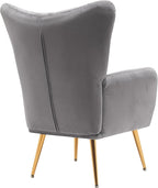 Container Furniture Direct Modern Chic Mid-Century Velvet Accent Armchair for Living Room, Bedroom, or Home Office, Button-Tufted Wingback Design with Gold Flared Legs, Grey