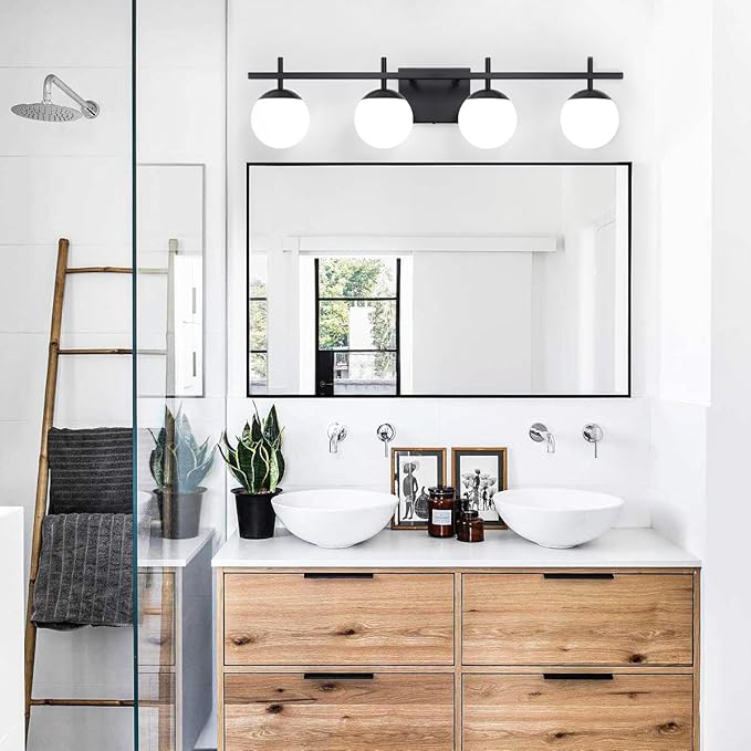 4-Light Modern Black Vanity Light for Bathroom, White Frosted Glass Bathroom Lighting Fixtures Over Mirror Vanity Lights Globe Wall Lamp Sconces for Hallway Stairway Living Room 31.5 Inch