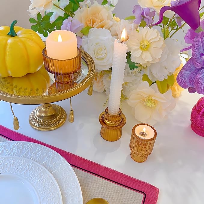 Double Sided Vintage Ribbed Taper Glass Candle Holders,Tea Candle Holder for Table Centerpieces, Wedding Decorations and Dinner Parties (Amber, 3 PCS)