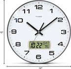 Wall Clock, 12" Dial Non-Ticking Silent Battery Operated Analog with LCD Display for Perpetual Calendar and F° Temperature, Ideal Modern Home, Bedroom, Kitchen, Office Decor (Black)