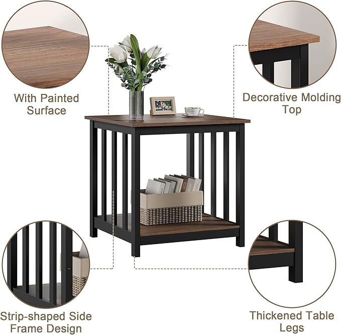 Treocho End Tables Living Room Set of 2, 24 Inch Square Side Table with 2-Tier Storage Shelf, Modern Nightstand for Living Room, Bedroom, Office, Walnut