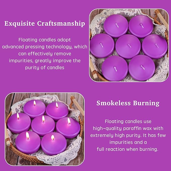 3 inch Purple Floating Candles 8-9 Hours Floating Candle for Centerpieces 30 Packs Unscented Floating Candles 3” Water Candles for Cylinder Vases, Pool, Wedding