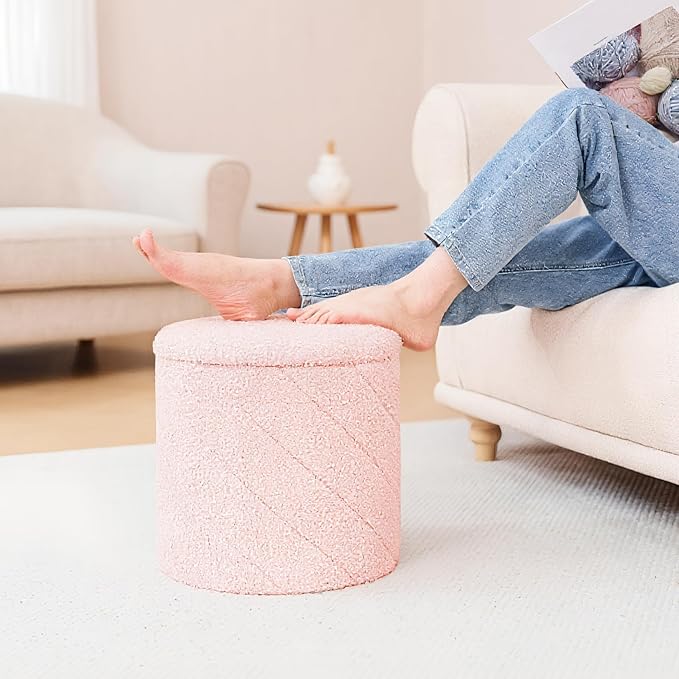 13" Foldable Boucle Round Storage Ottoman,Space-Saving Footrest/Seating/Coffee Table for Small Apartments,Dorms & Bedrooms-Pink