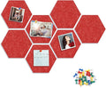 8 Packs Red Hexagon Felt Pin Board, 12" Bulletin Board with 30 Push Pins, Felt Board for Home Kitchen Office Decor, Self-Adhesive Corkboard Tiles for Walls School Message Photos Memos