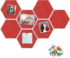 8 Packs Red Hexagon Felt Pin Board, 12" Bulletin Board with 30 Push Pins, Felt Board for Home Kitchen Office Decor, Self-Adhesive Corkboard Tiles for Walls School Message Photos Memos